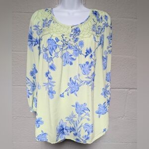 Talbots Peasant Blouse Size L Smocked Flowy Viscose Pastel Garden Floral